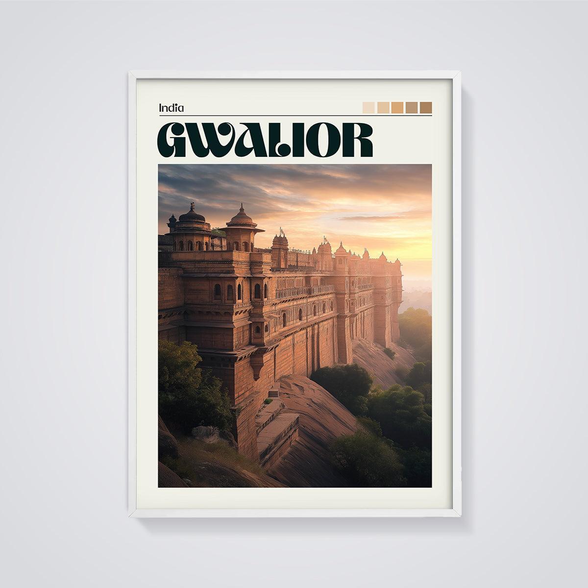 Gwalior Fort Sunset Print framed in white on a grey background