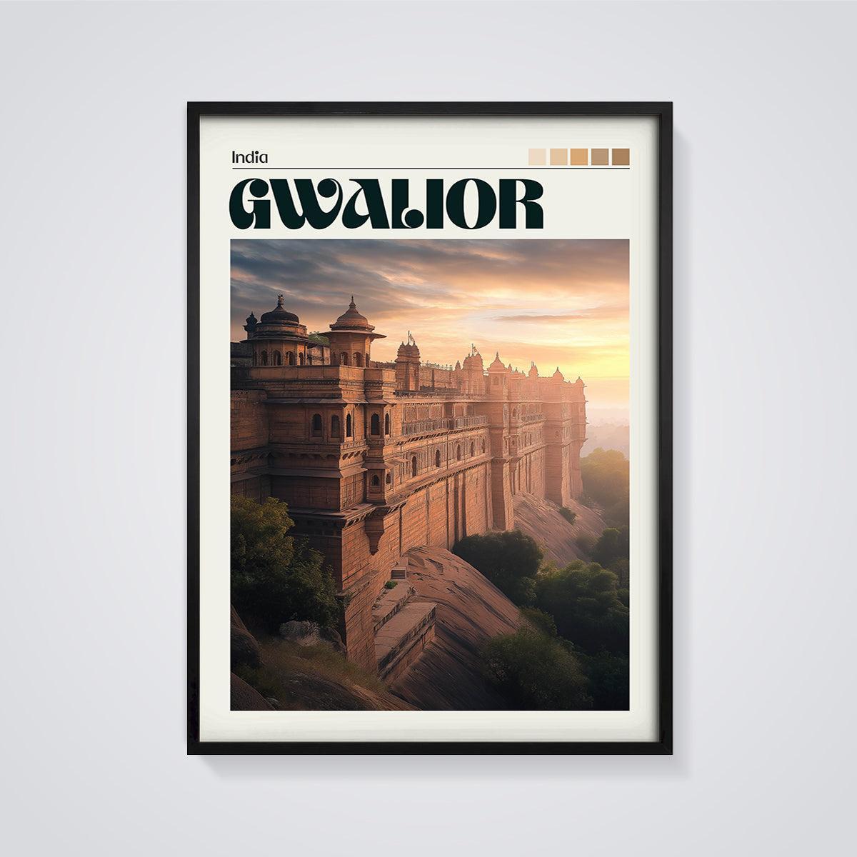 Gwalior Fort Sunset Print framed in black on a grey background