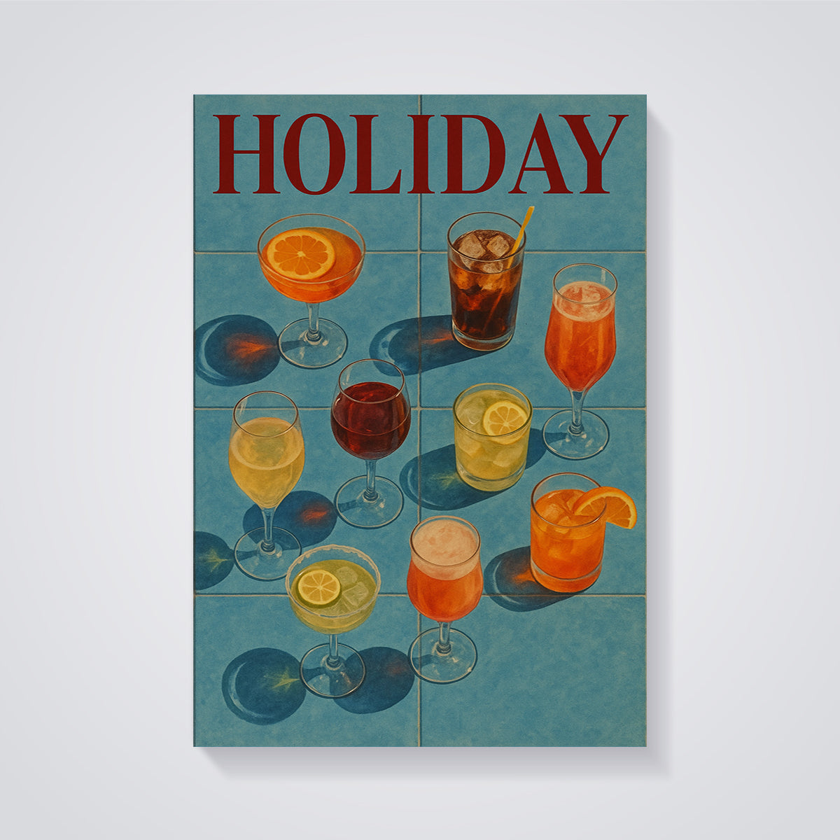 HOLIDAY Cocktails on Tiles Print unframed on a grey background