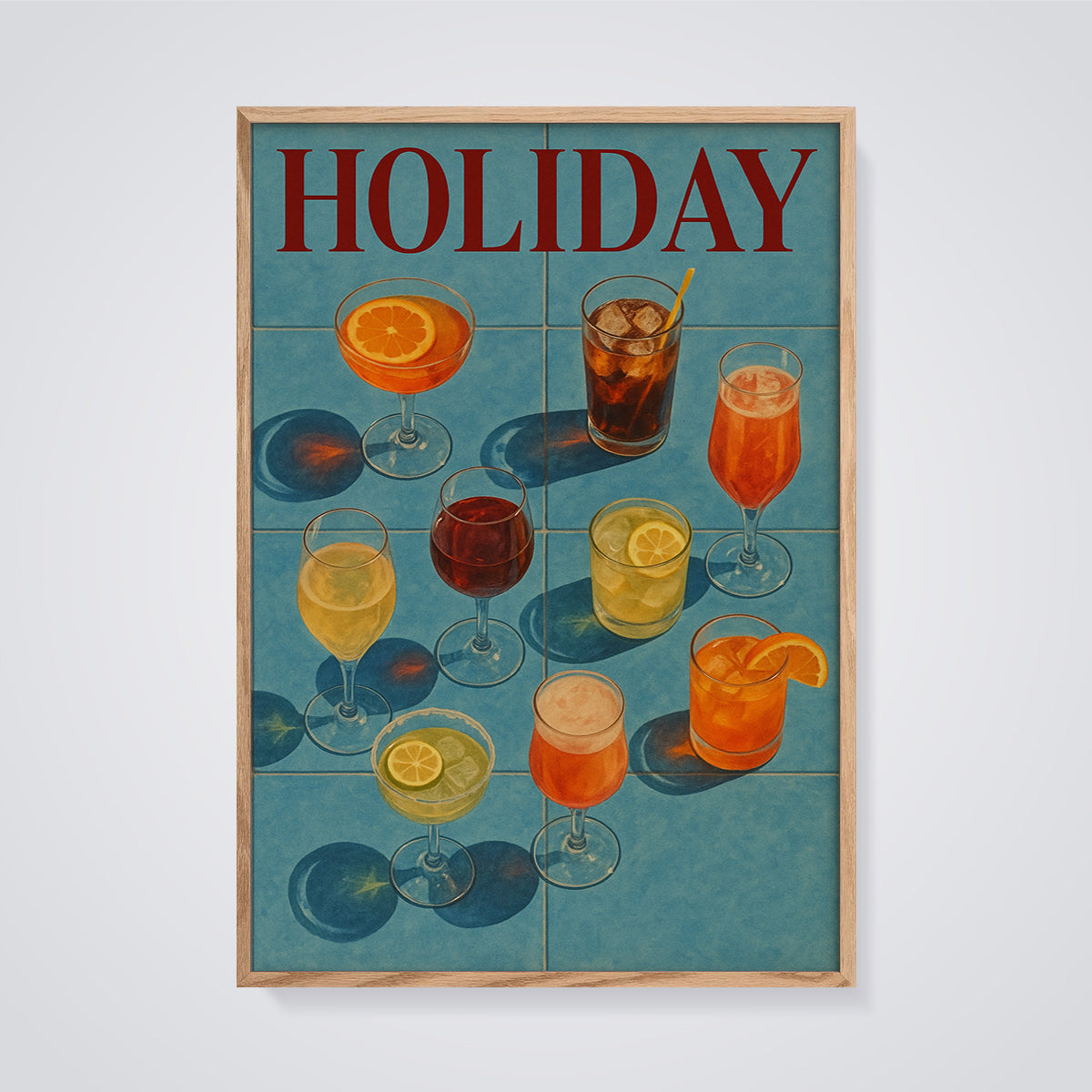 HOLIDAY Cocktails on Tiles Print framed in oak on a grey background