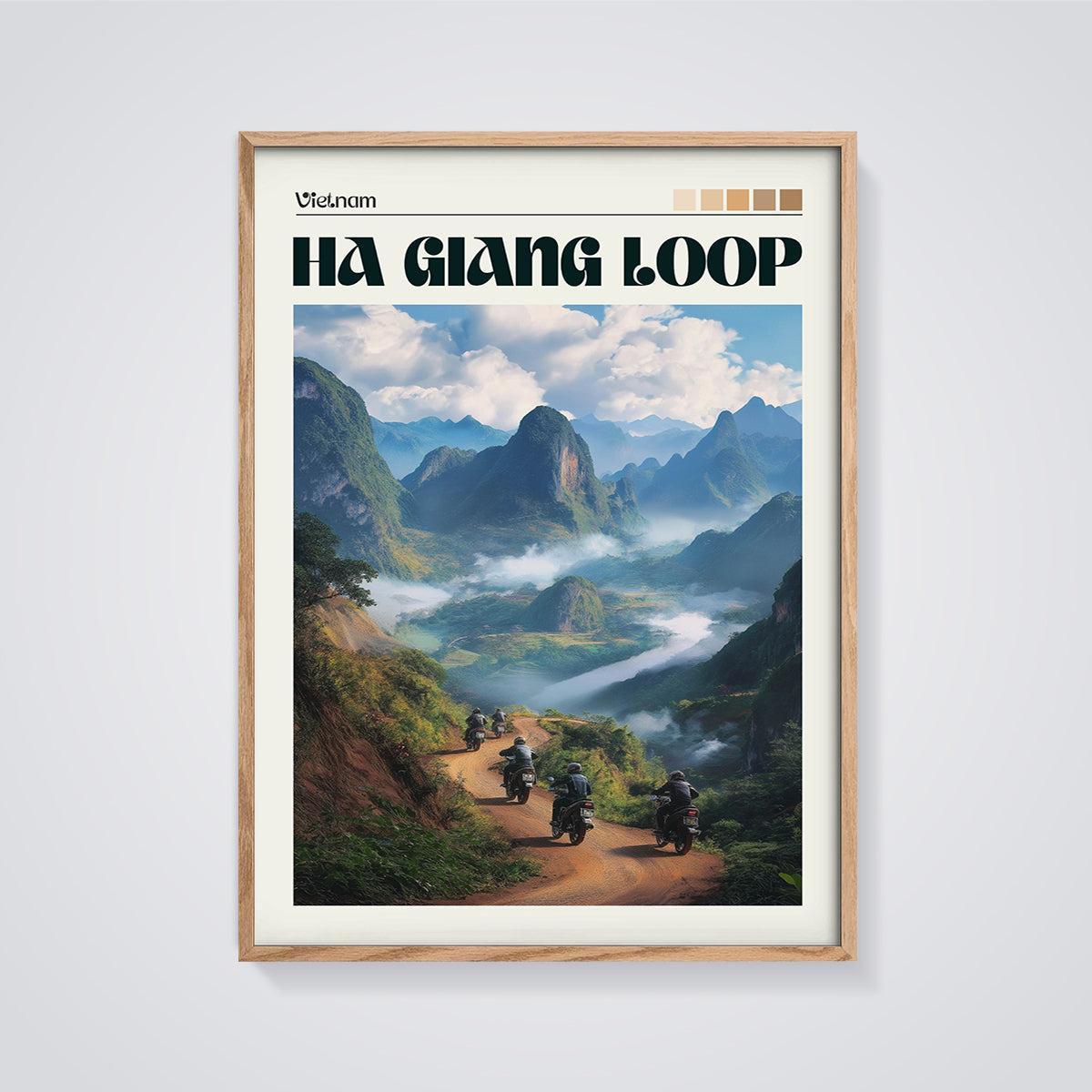 Ha Giang Loop Motorcycle Print framed in oak on a grey background