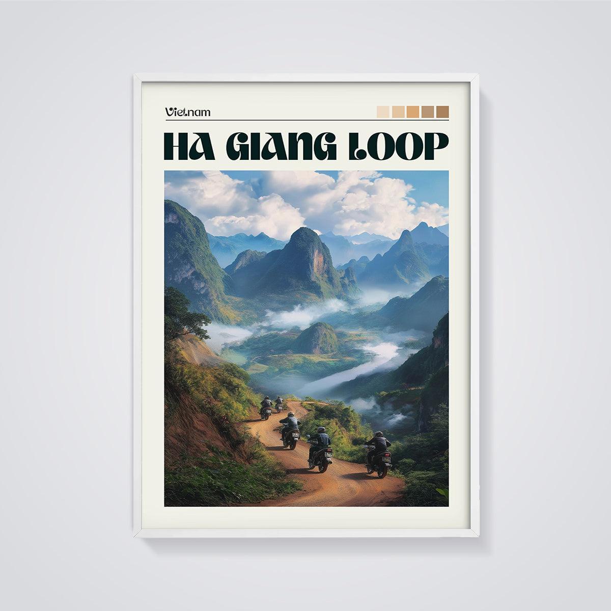 Ha Giang Loop Motorcycle Print framed in white on a grey background