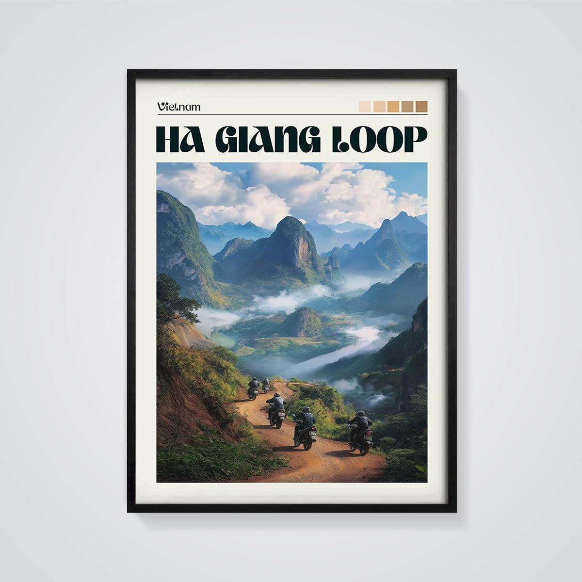Ha Giang Loop Motorcycle Print framed in black on a grey background