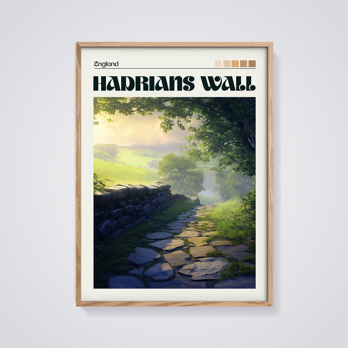 Hadrians Wall Landscape Print framed in oak on a grey background