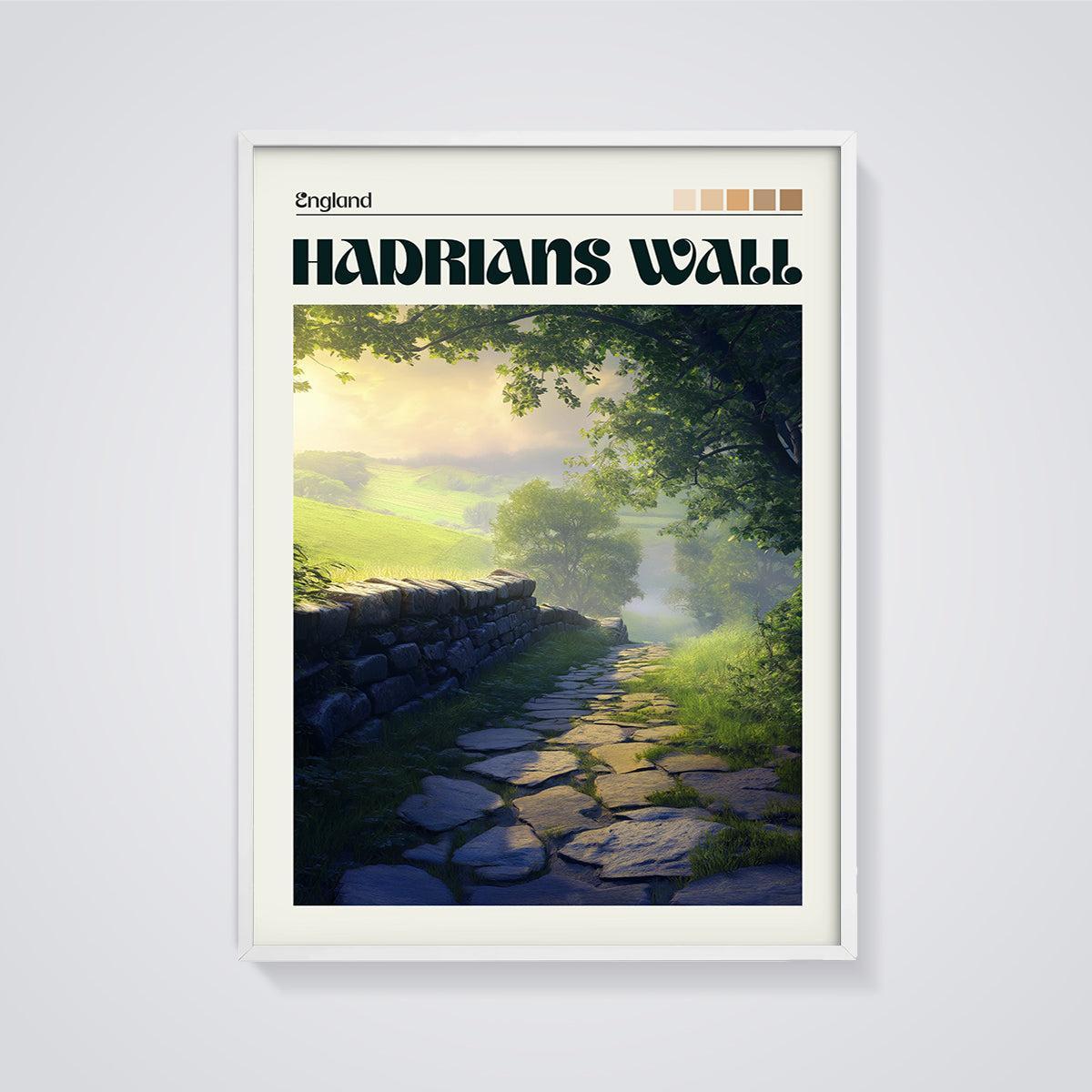 Hadrians Wall Landscape Print framed in white on a grey background