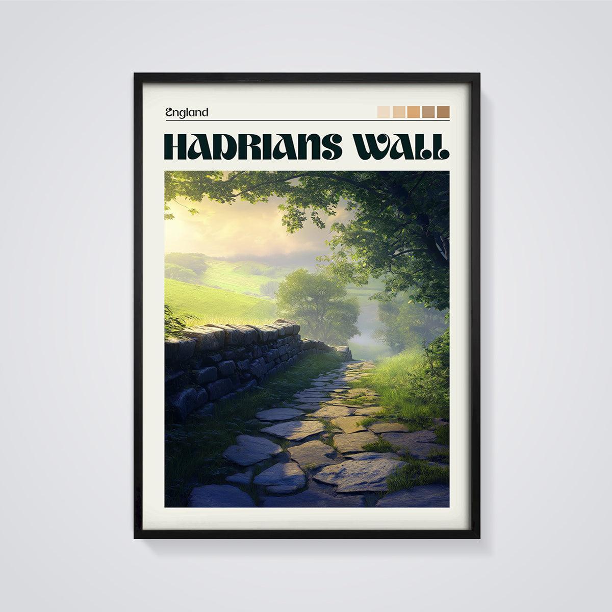 Hadrians Wall Landscape Print framed in black on a grey background