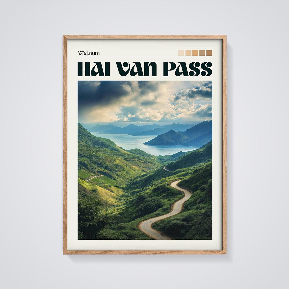 Hai Van Pass Vietnam Print framed in oak on a grey background