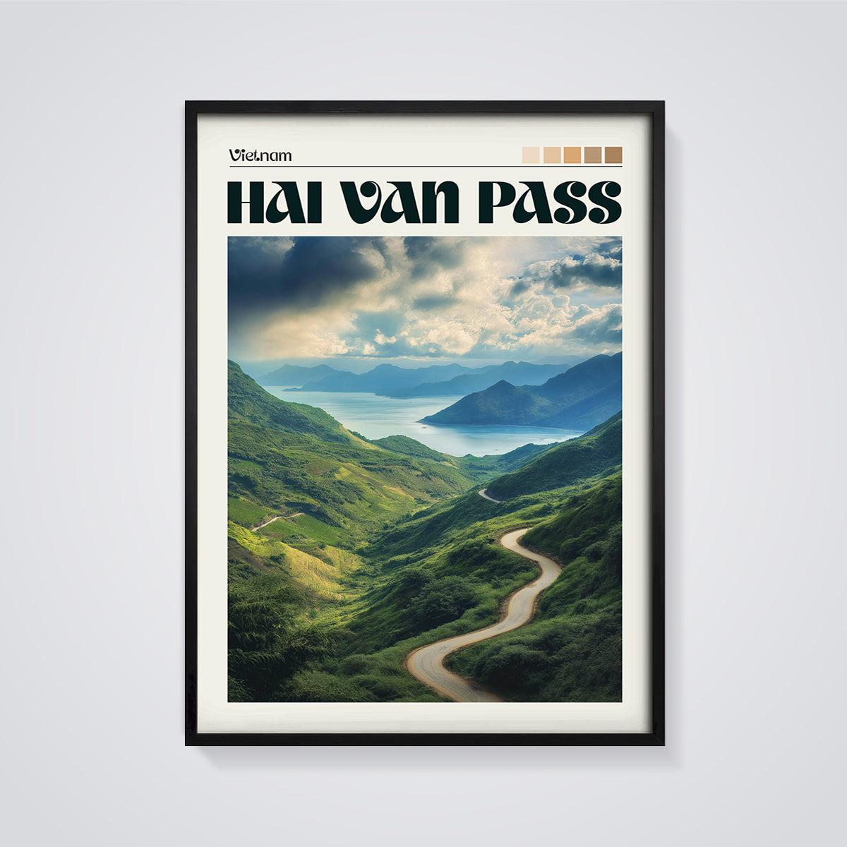 Hai Van Pass Vietnam Print framed in black on a grey background