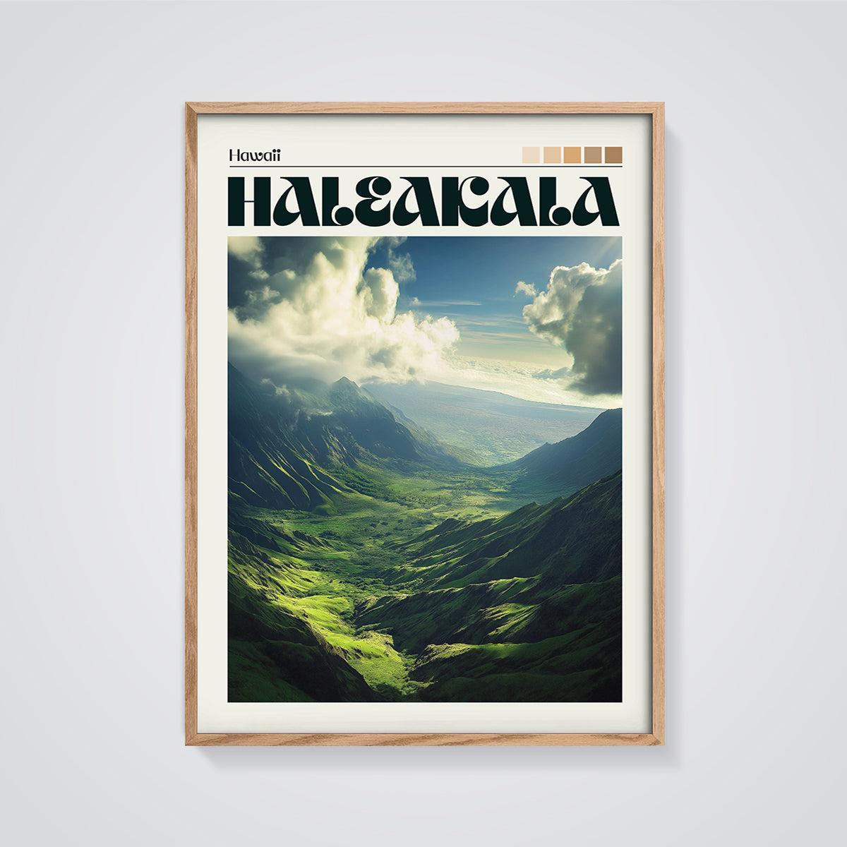 Haleakala Valley Landscape Print framed in oak on a grey background
