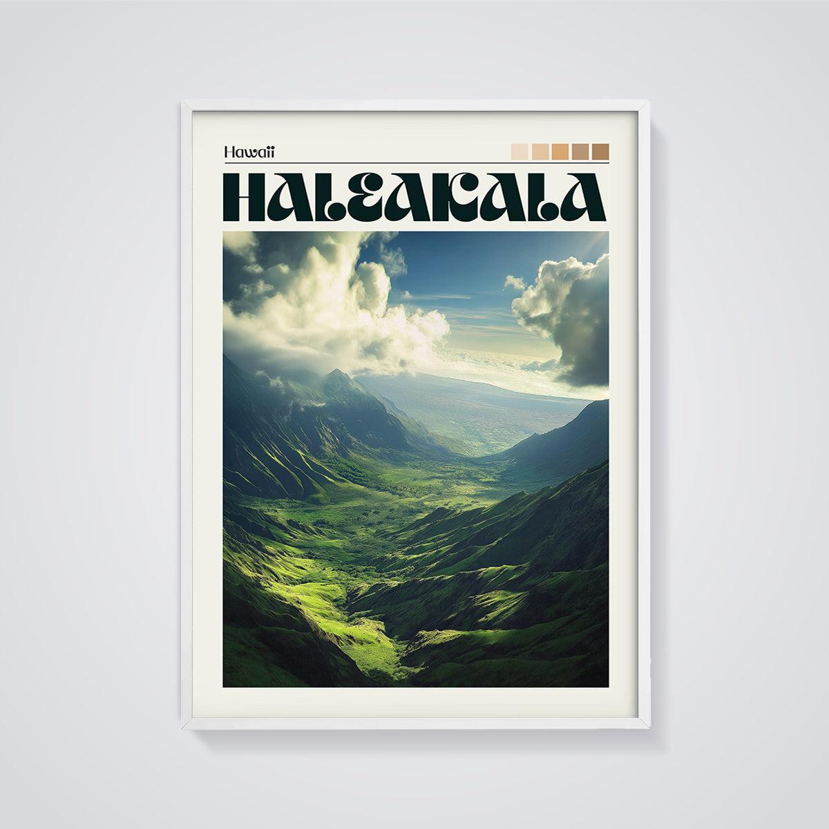 Haleakala Valley Landscape Print framed in white on a grey background