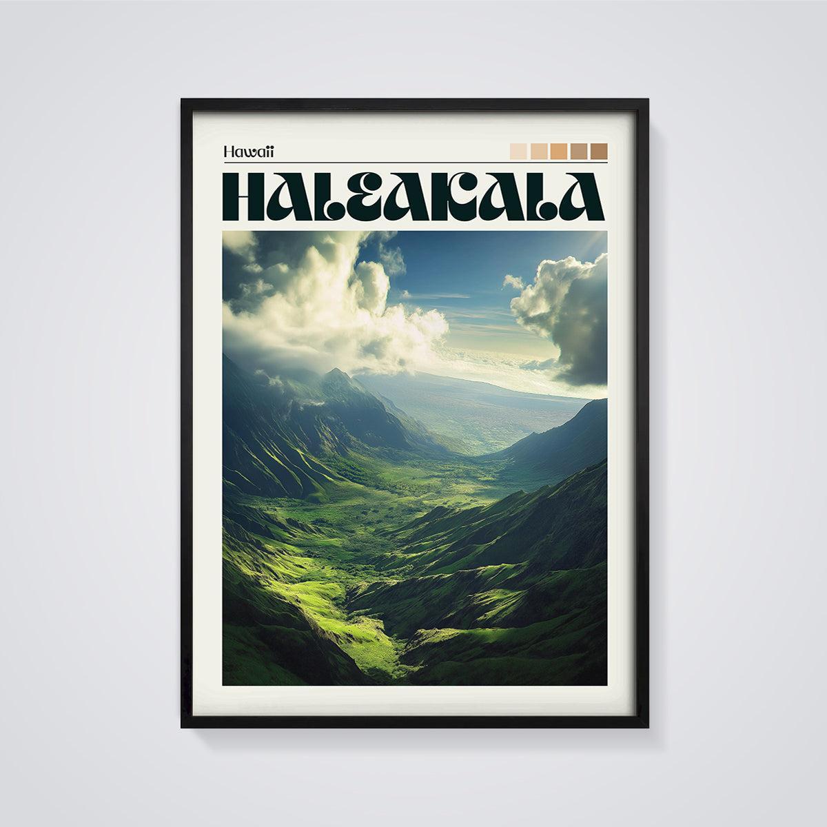 Haleakala Valley Landscape Print framed in black on a grey background