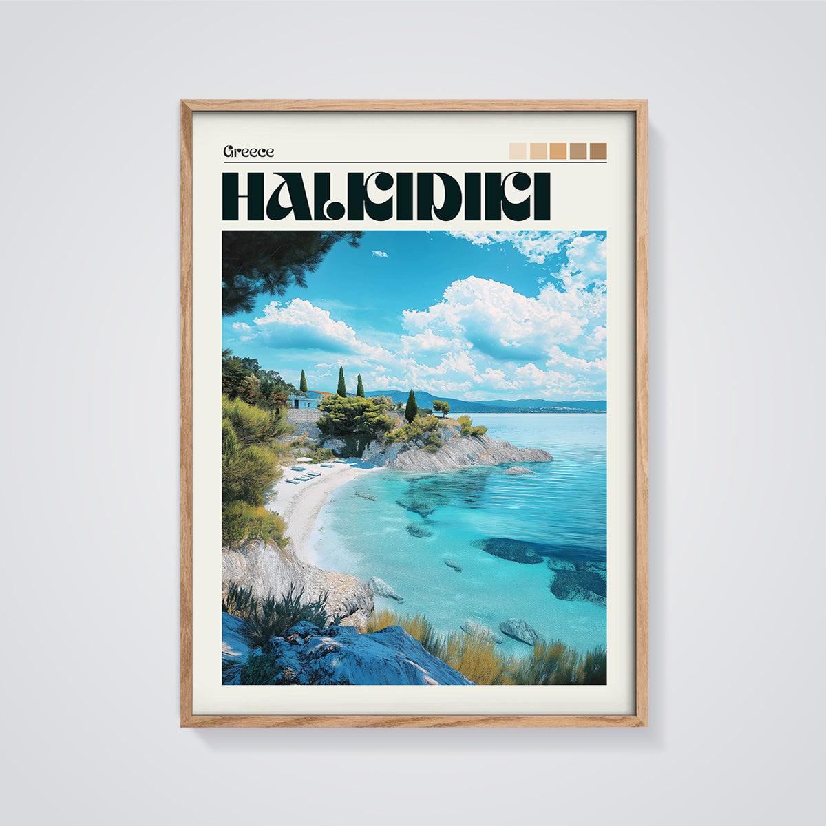 Halkidiki Coastal Paradise Print framed in oak on a grey background