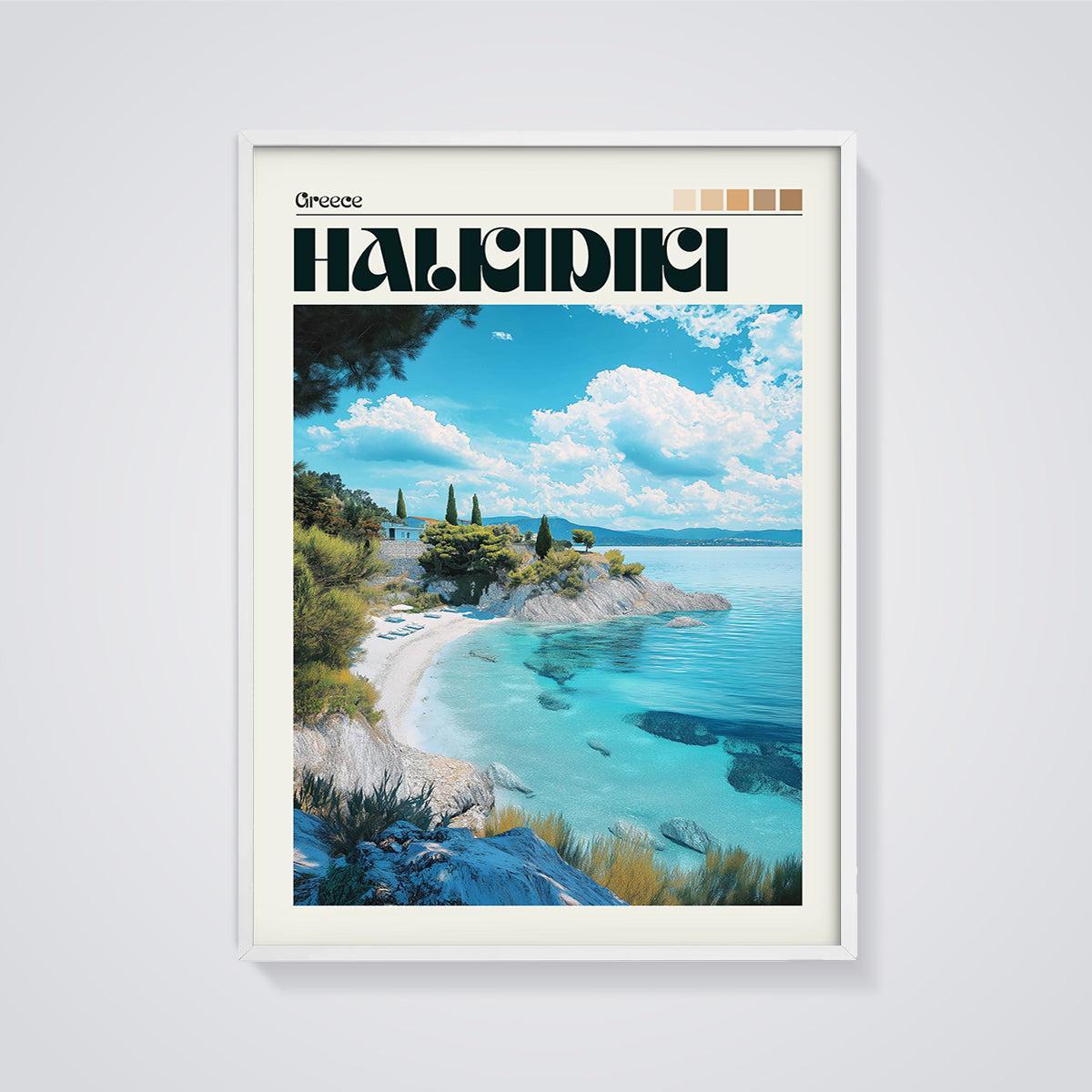 Halkidiki Coastal Paradise Print framed in white on a grey background