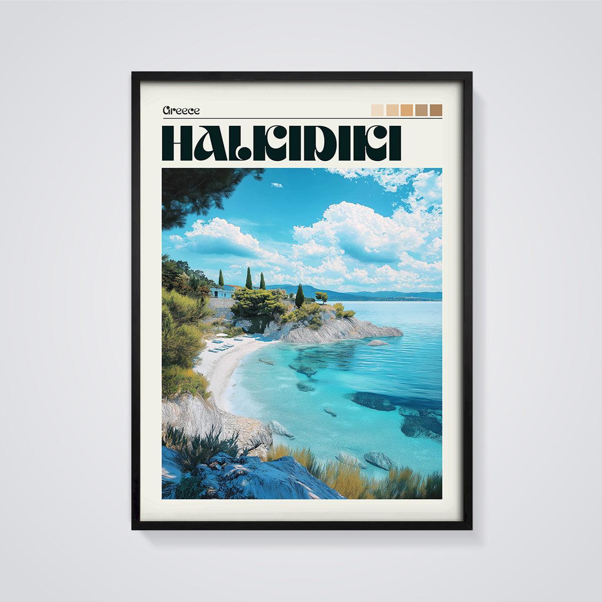 Halkidiki Coastal Paradise Print framed in black on a grey background
