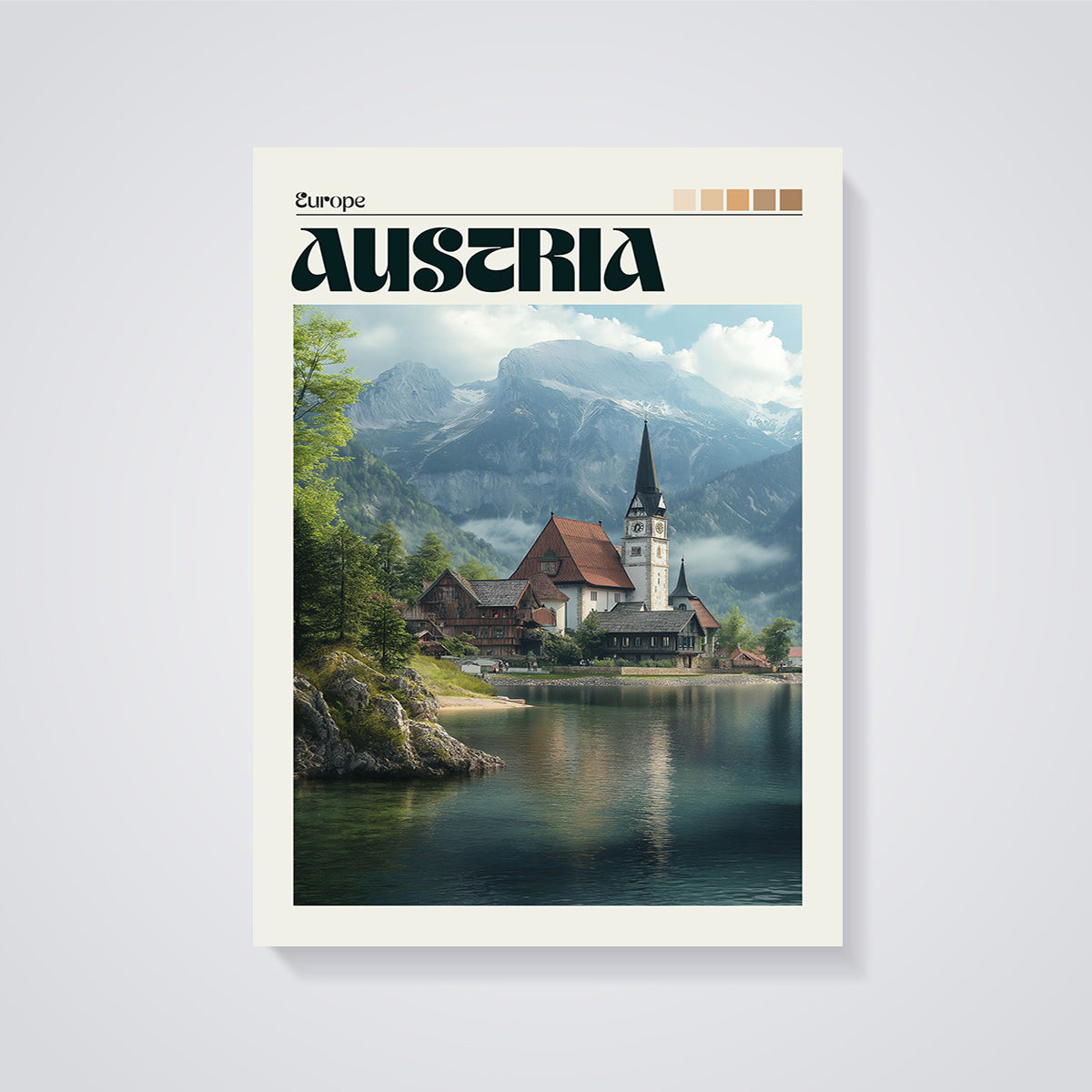 Hallstatt Austria Lake Village Print unframed on a grey background