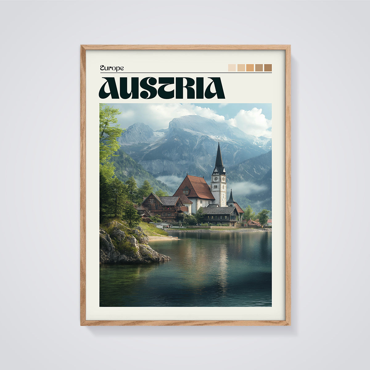 Hallstatt Austria Lake Village Print framed in oak on a grey background
