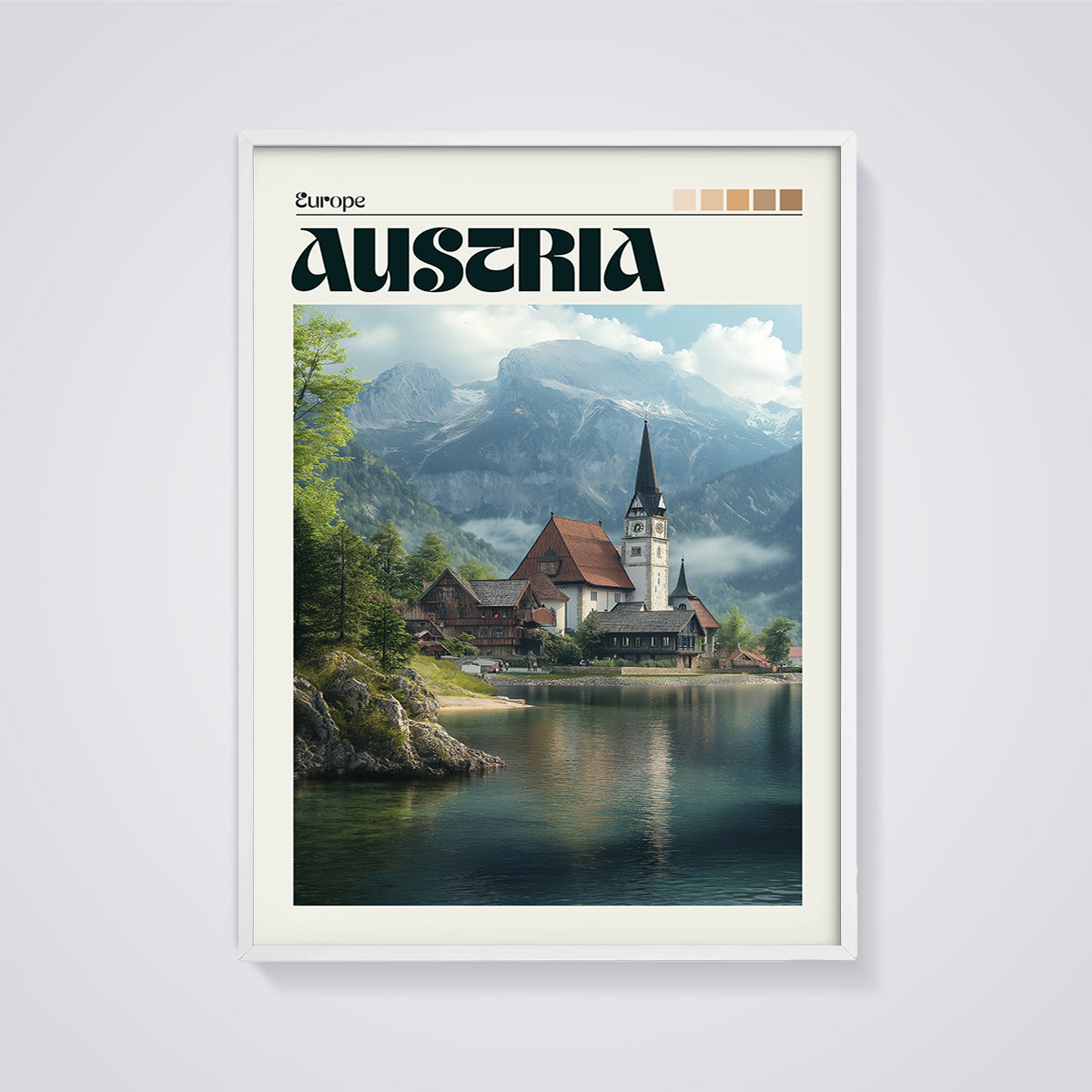 Hallstatt Austria Lake Village Print framed in white on a grey background