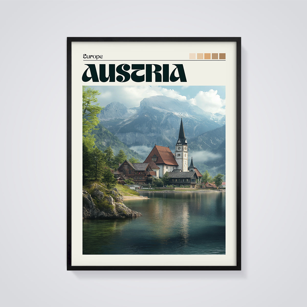 Hallstatt Austria Lake Village Print framed in black on a grey background
