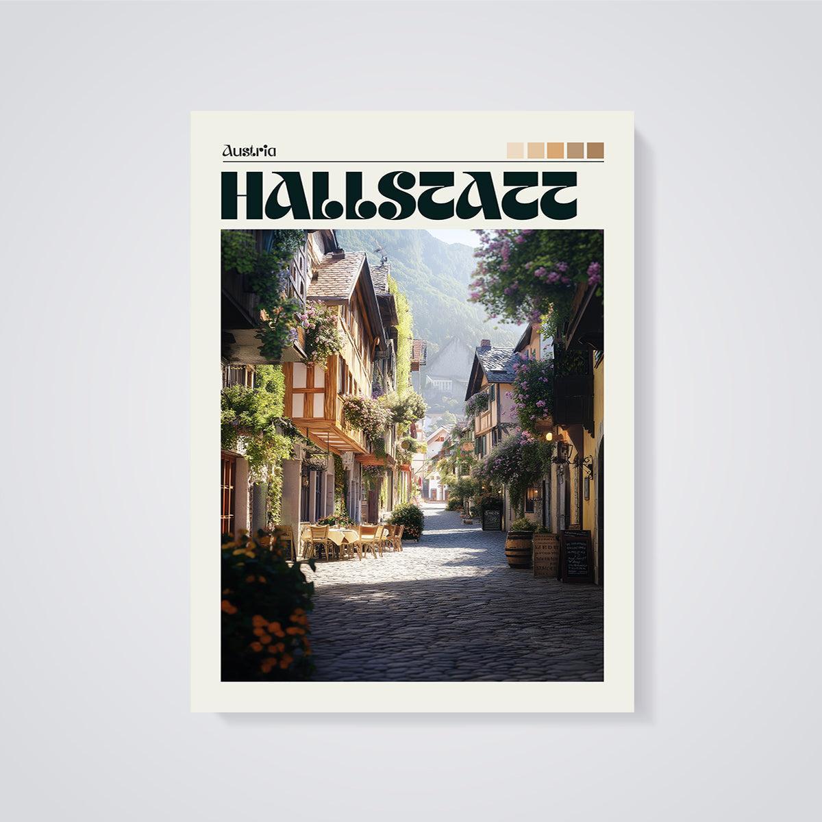 Hallstatt Cobblestone Street Print unframed on a grey background
