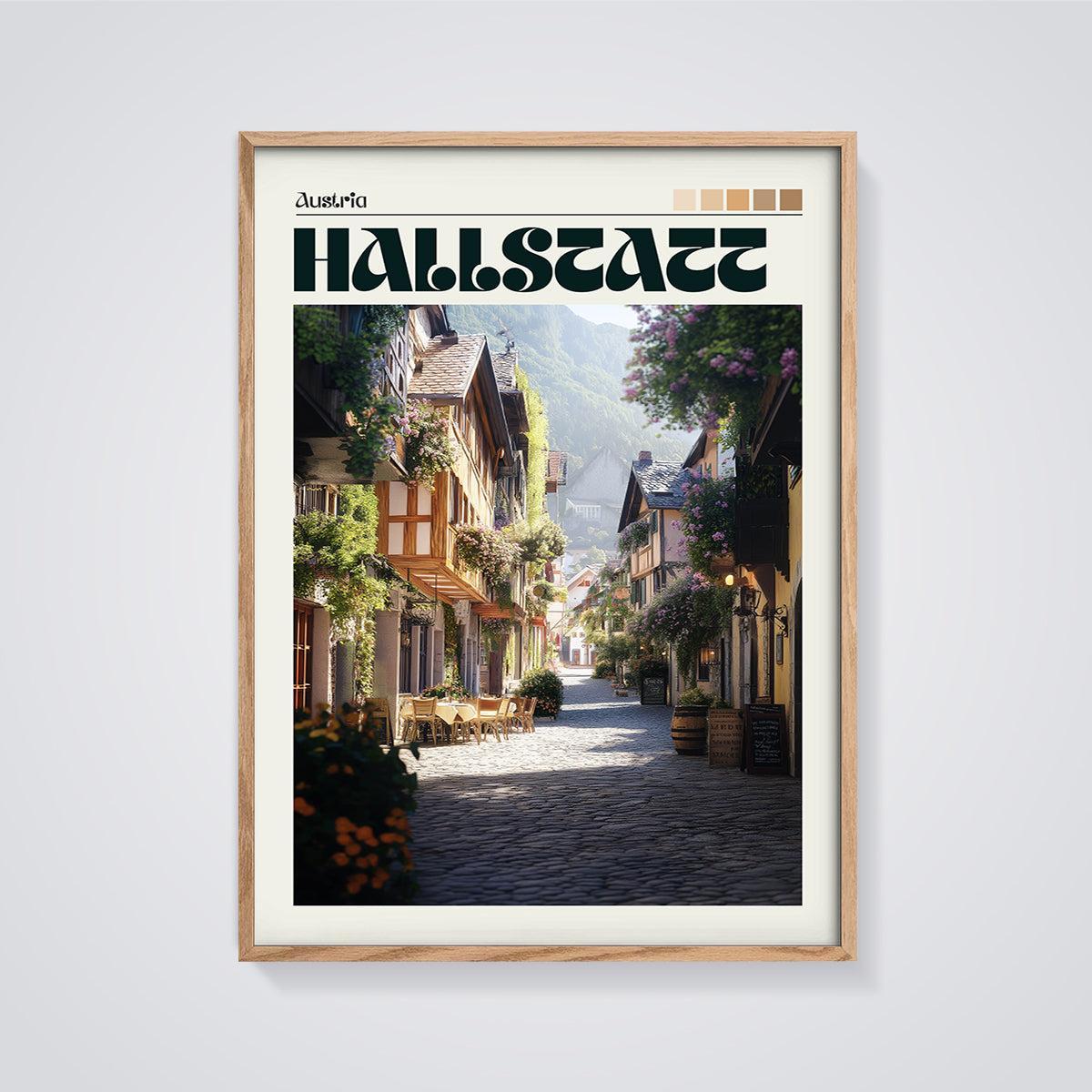 Hallstatt Cobblestone Street Print framed in oak on a grey background