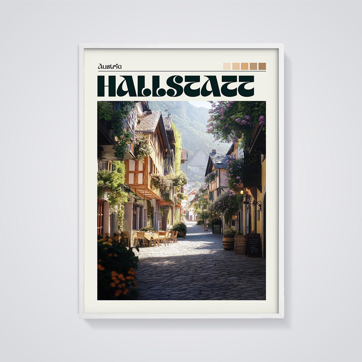 Hallstatt Cobblestone Street Print framed in white on a grey background