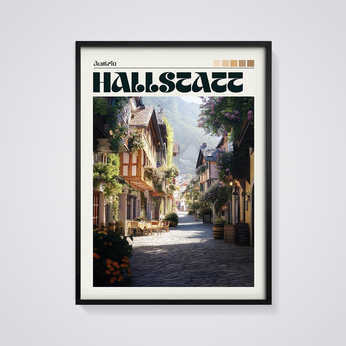 Hallstatt Cobblestone Street Print framed in black on a grey background