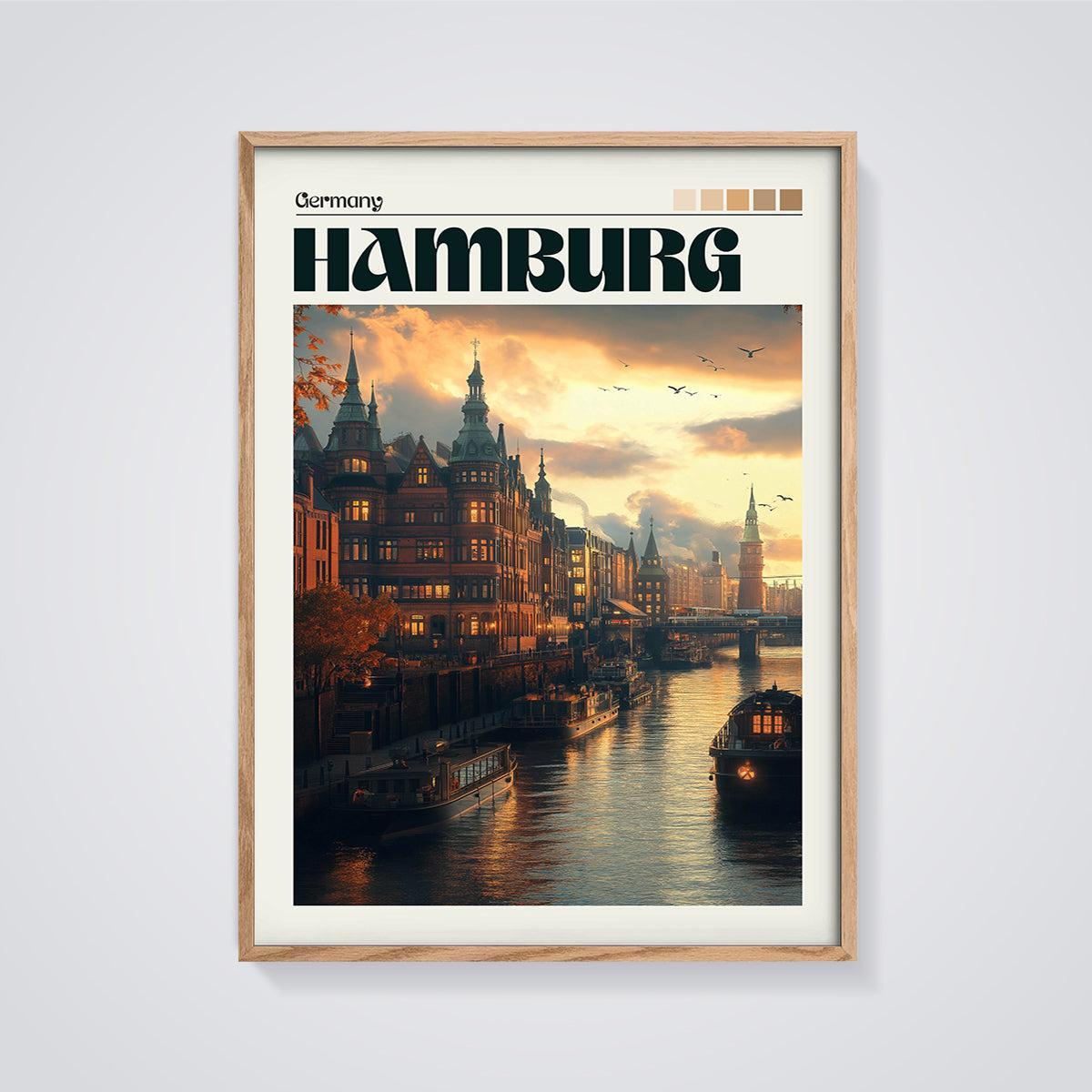 Hamburg Germany Cityscape Print framed in oak on a grey background