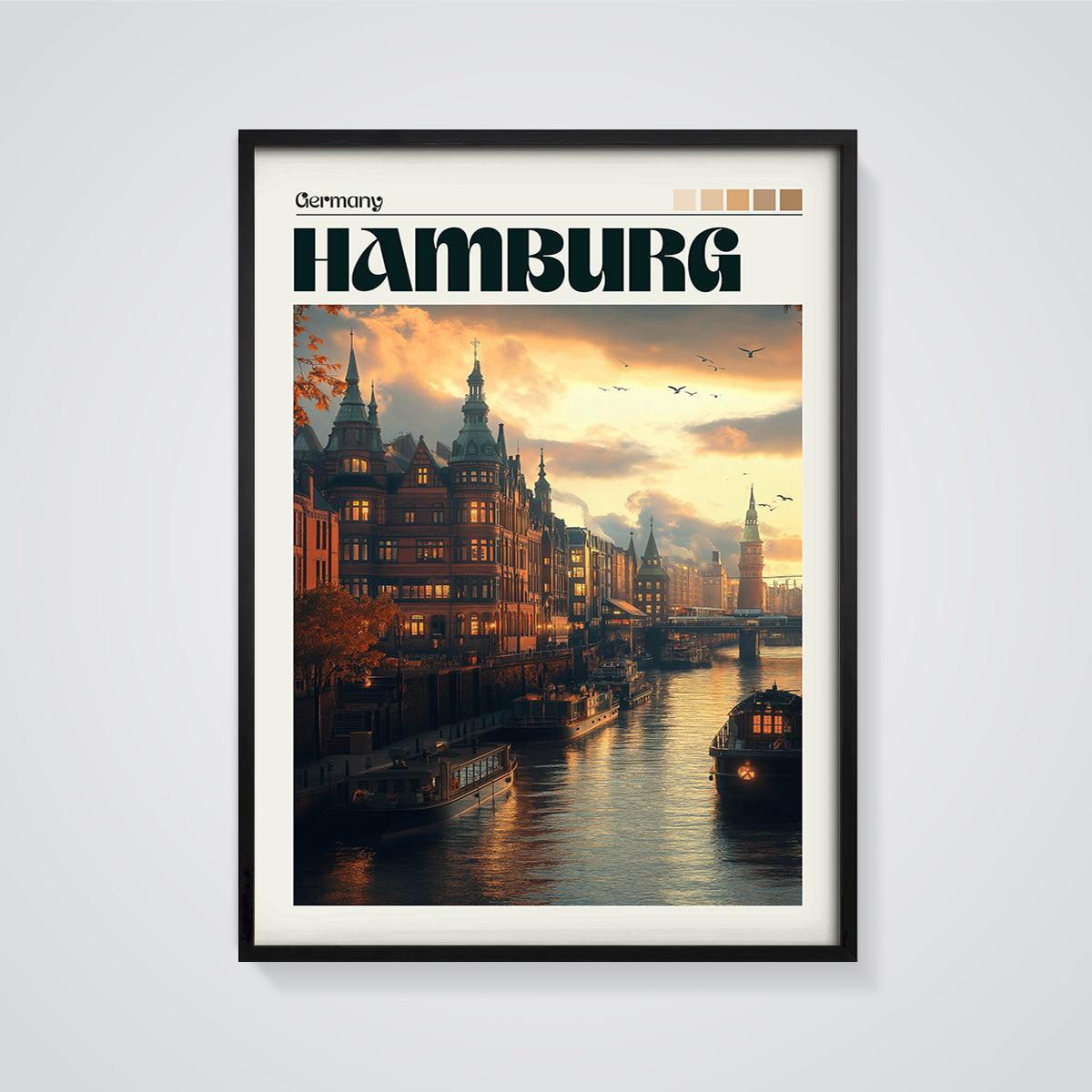 Hamburg Germany Cityscape Print framed in black on a grey background
