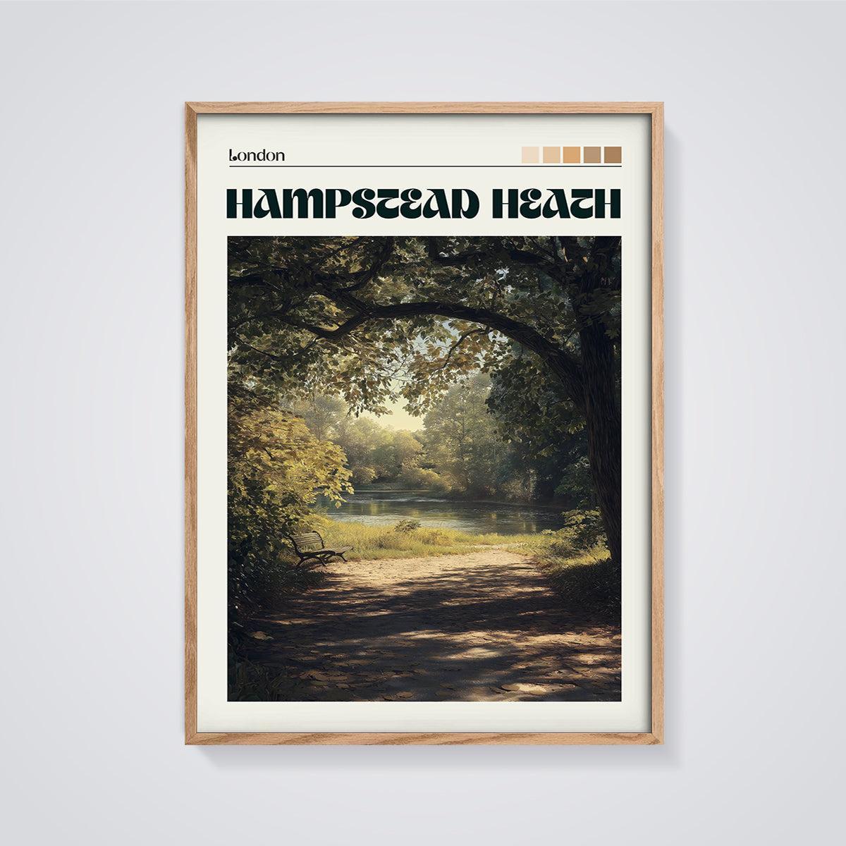 Hampstead Heath Pond View Print framed in oak on a grey background