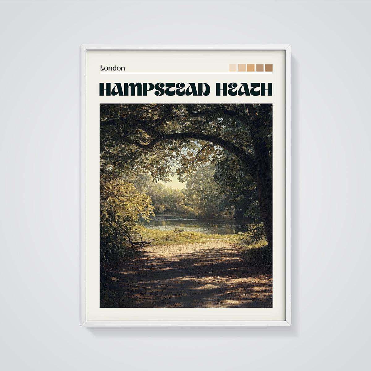 Hampstead Heath Pond View Print framed in white on a grey background