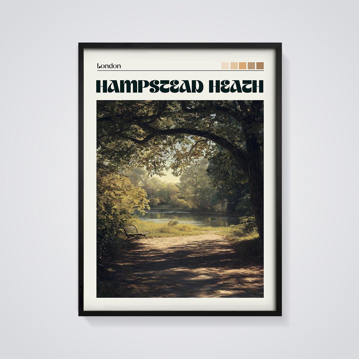 Hampstead Heath Pond View Print framed in black on a grey background