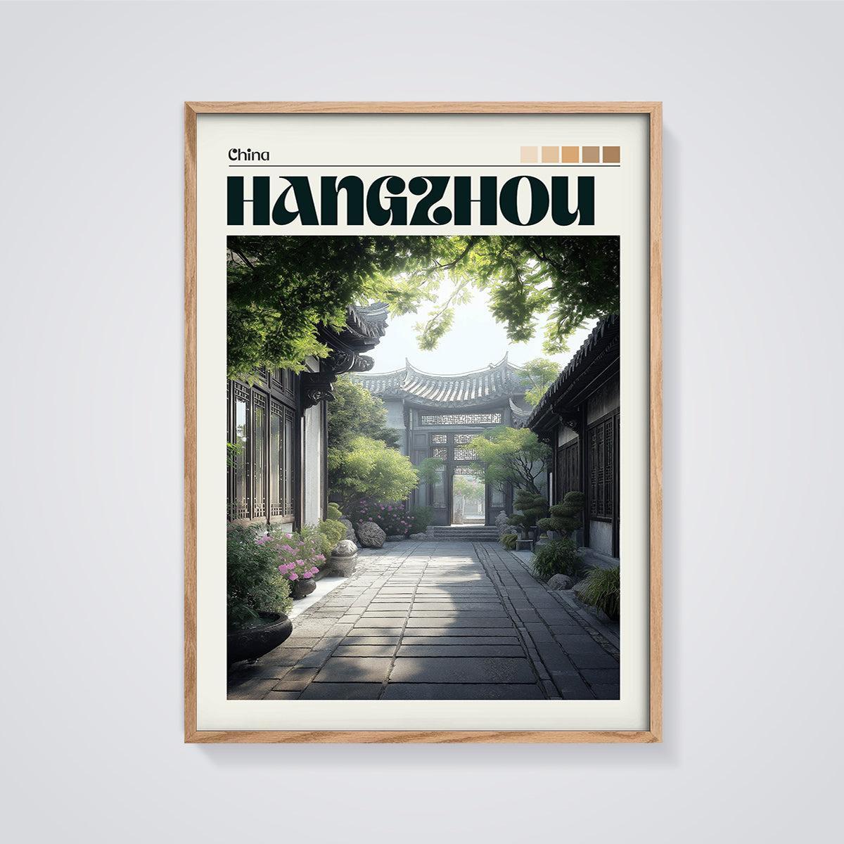 Hangzhou Courtyard Garden Print framed in oak on a grey background