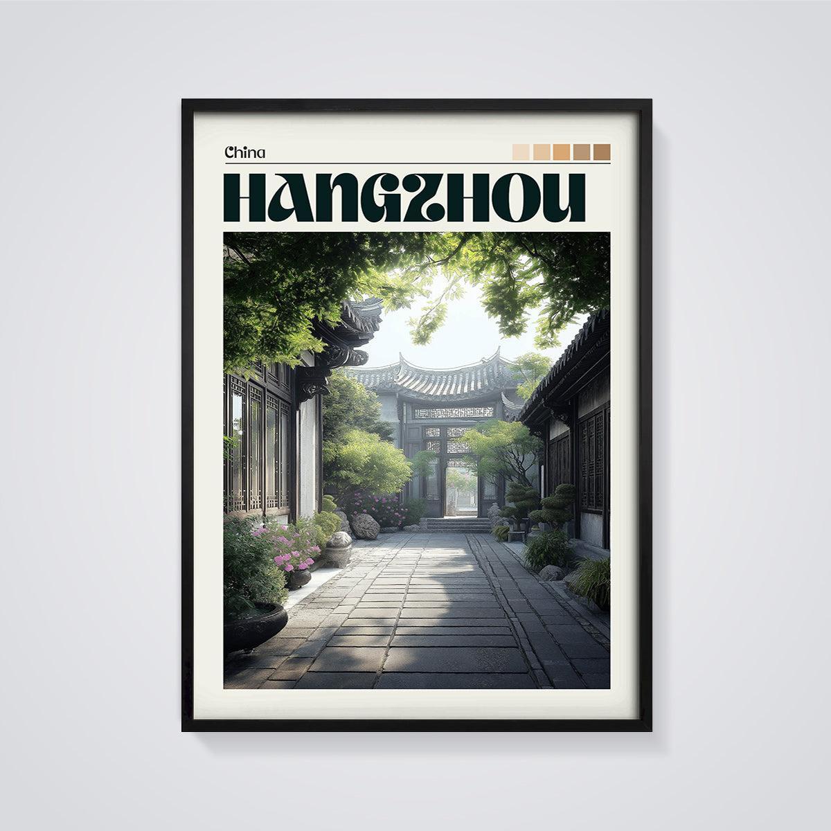 Hangzhou Courtyard Garden Print framed in black on a grey background