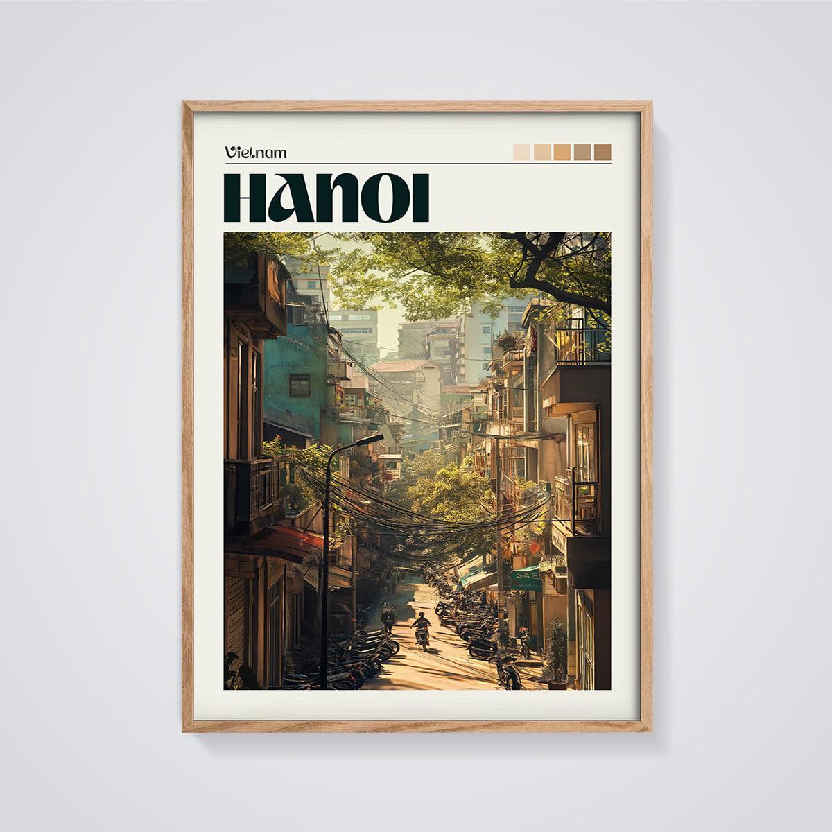 Hanoi Street View Print framed in oak on a grey background