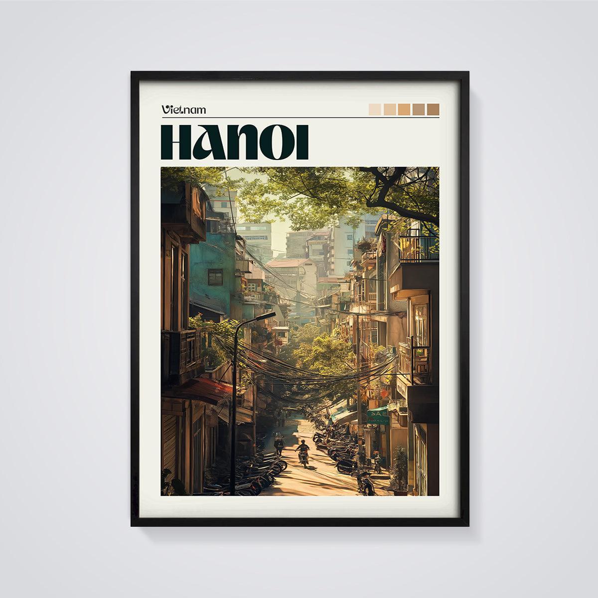 Hanoi Street View Print framed in black on a grey background