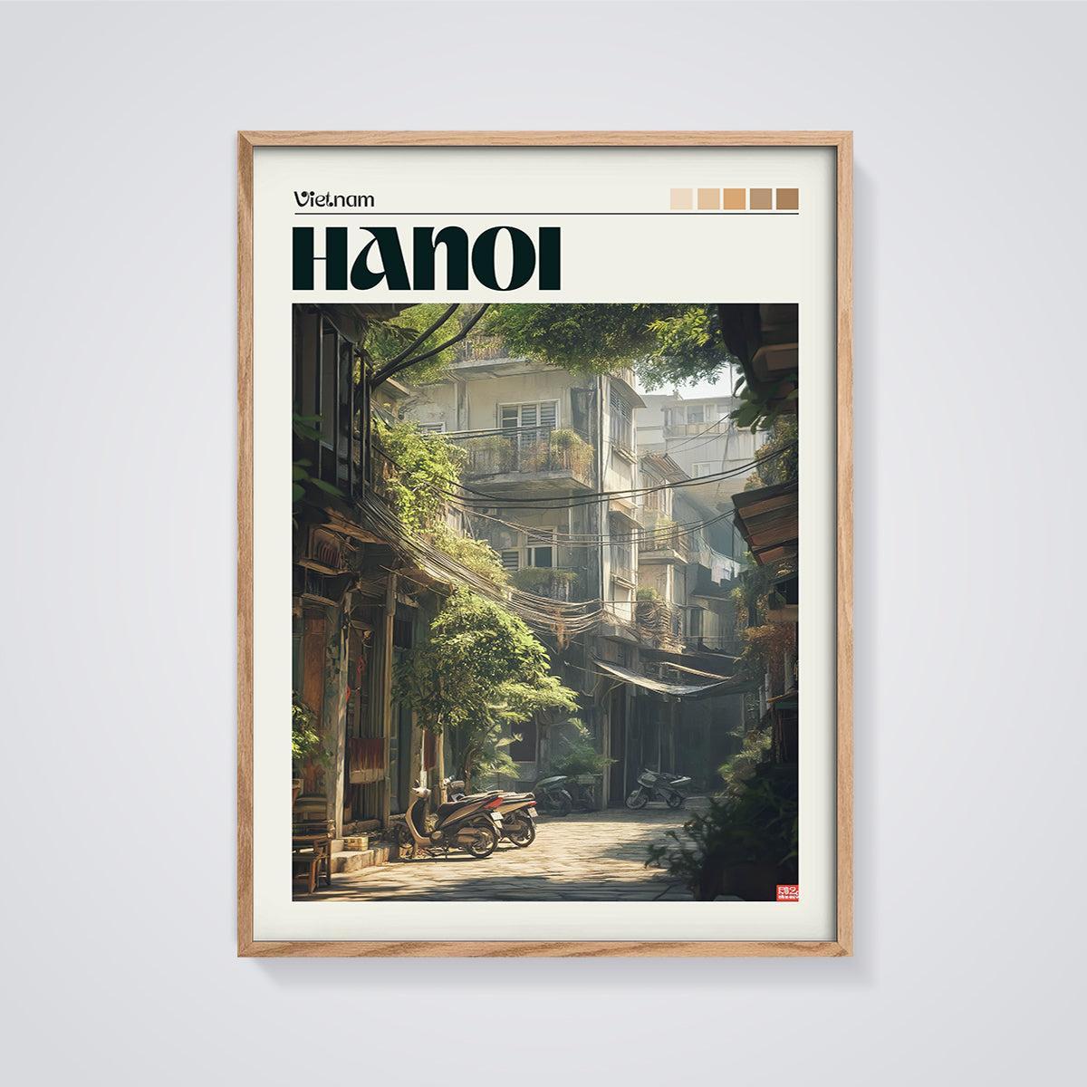 Hanoi Vietnam Street Print framed in oak on a grey background