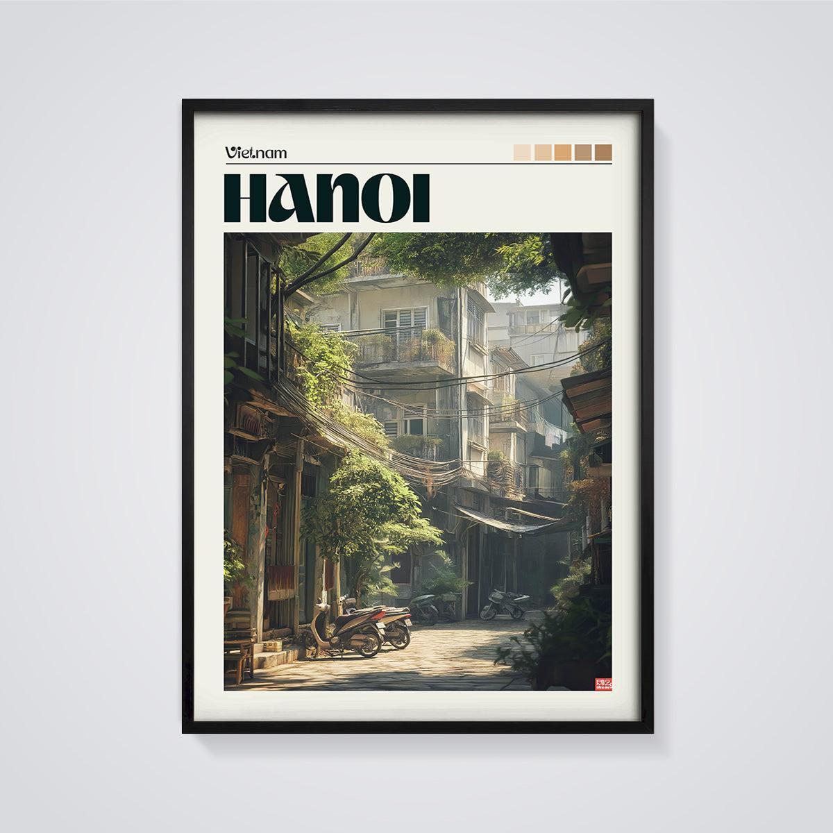 Hanoi Vietnam Street Print framed in black on a grey background