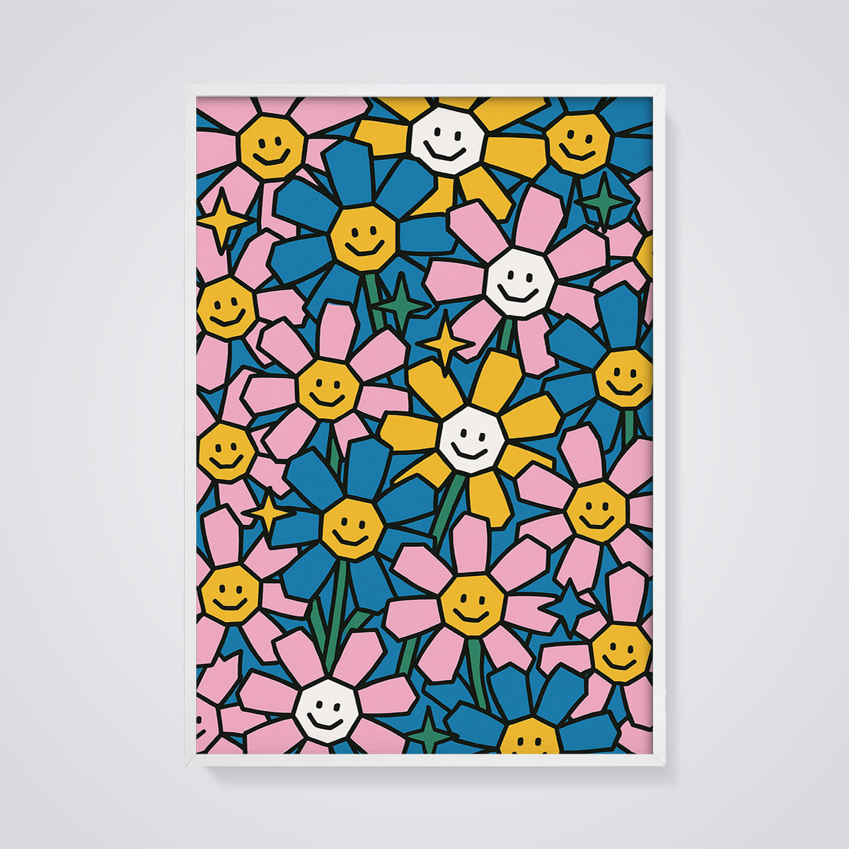 Happy Flower Patch Print framed in white on a grey background