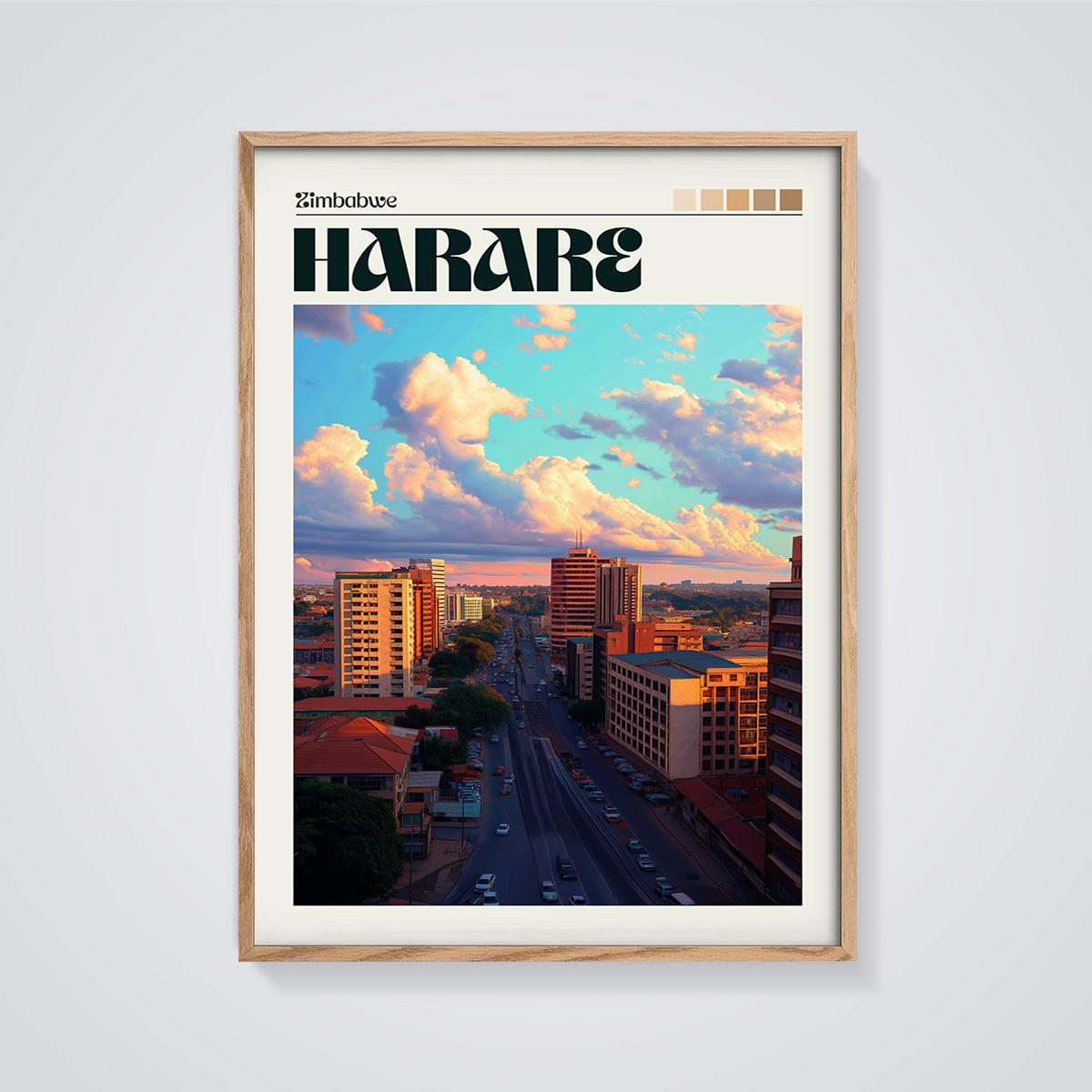 Harare Sunset City Print framed in oak on a grey background