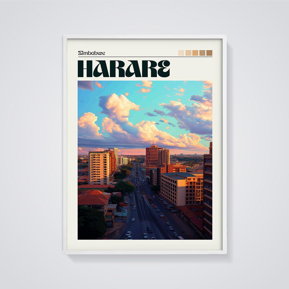 Harare Sunset City Print framed in white on a grey background