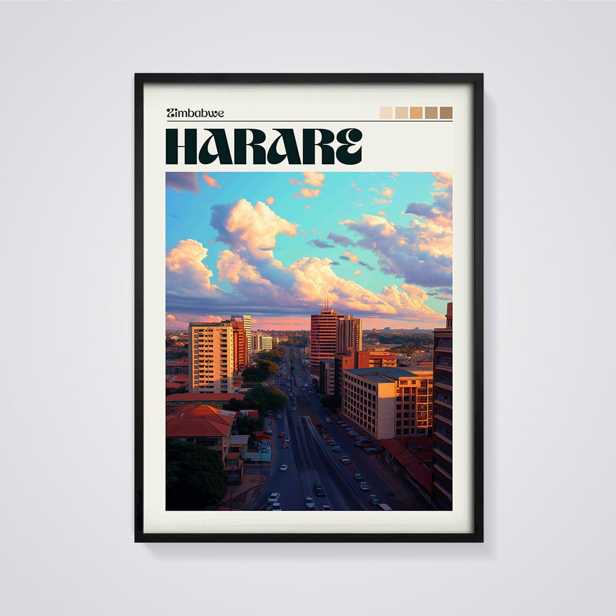 Harare Sunset City Print framed in black on a grey background