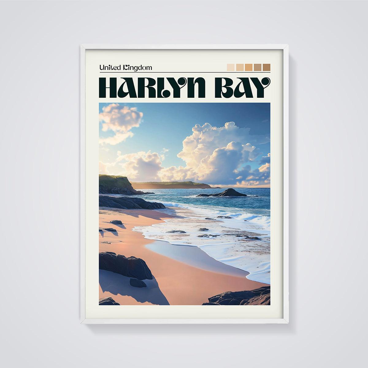 Harlyn Bay United Kingdom Beach Print framed in white on a grey background