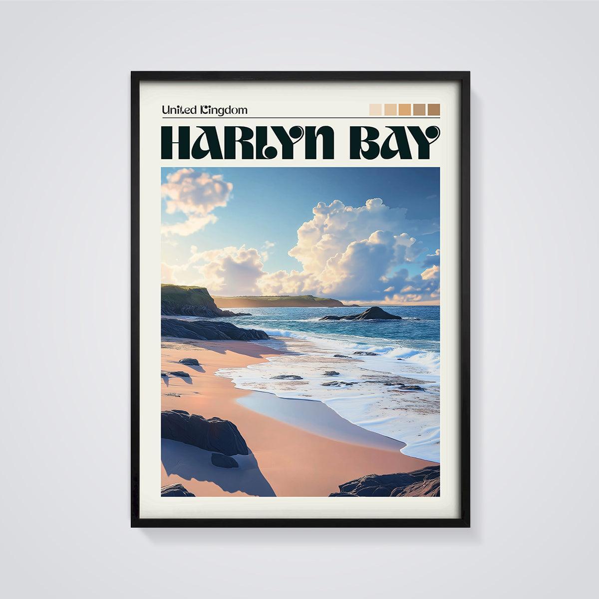Harlyn Bay United Kingdom Beach Print framed in black on a grey background