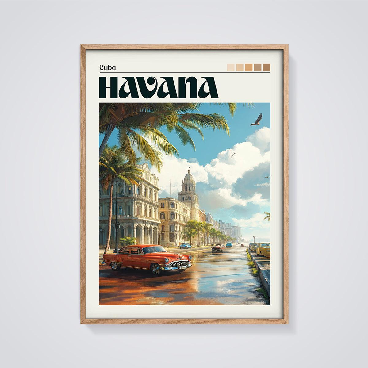 Havana Classic Cars Street Print framed in oak on a grey background
