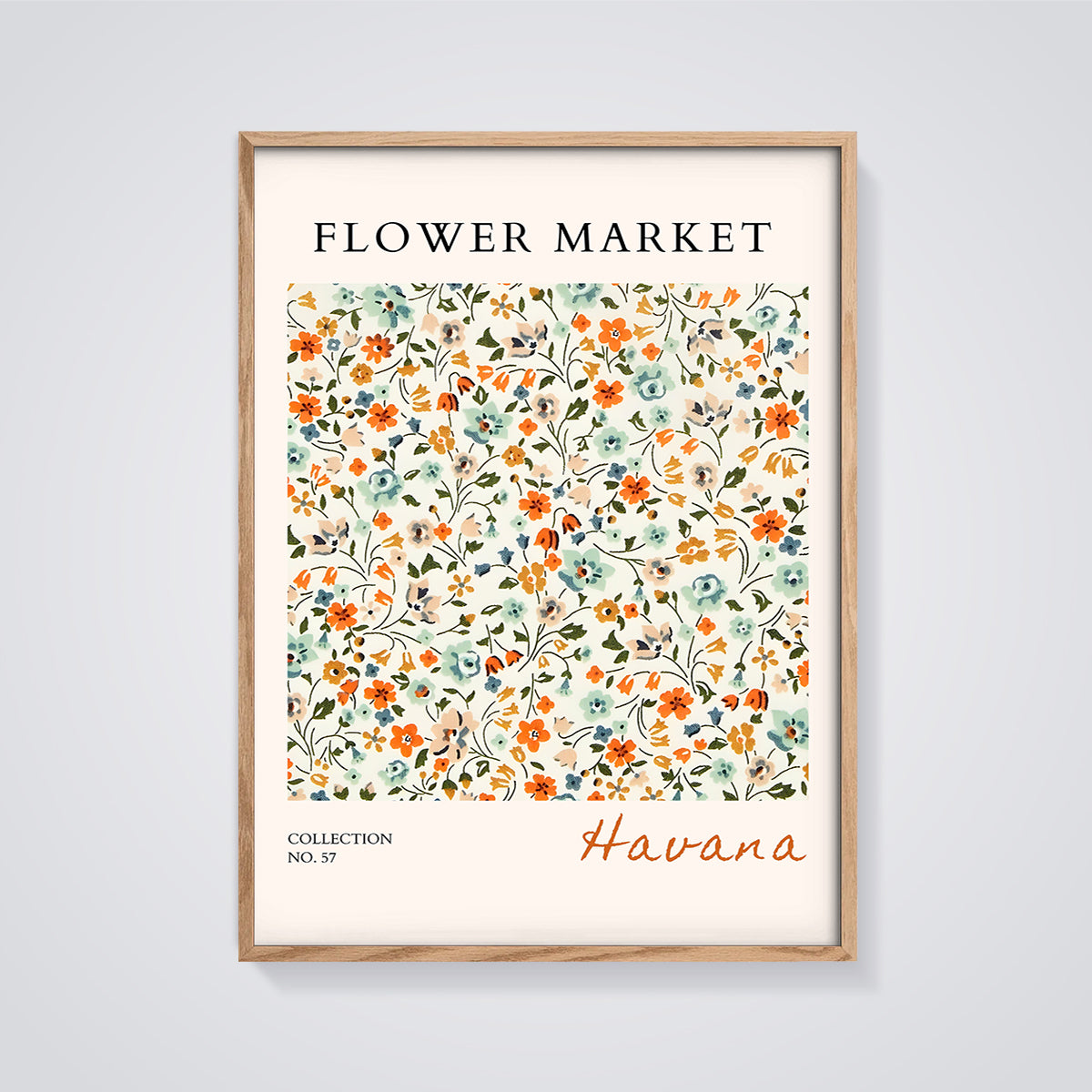 Havanna Flower Market Floral Print framed in oak on a grey background
