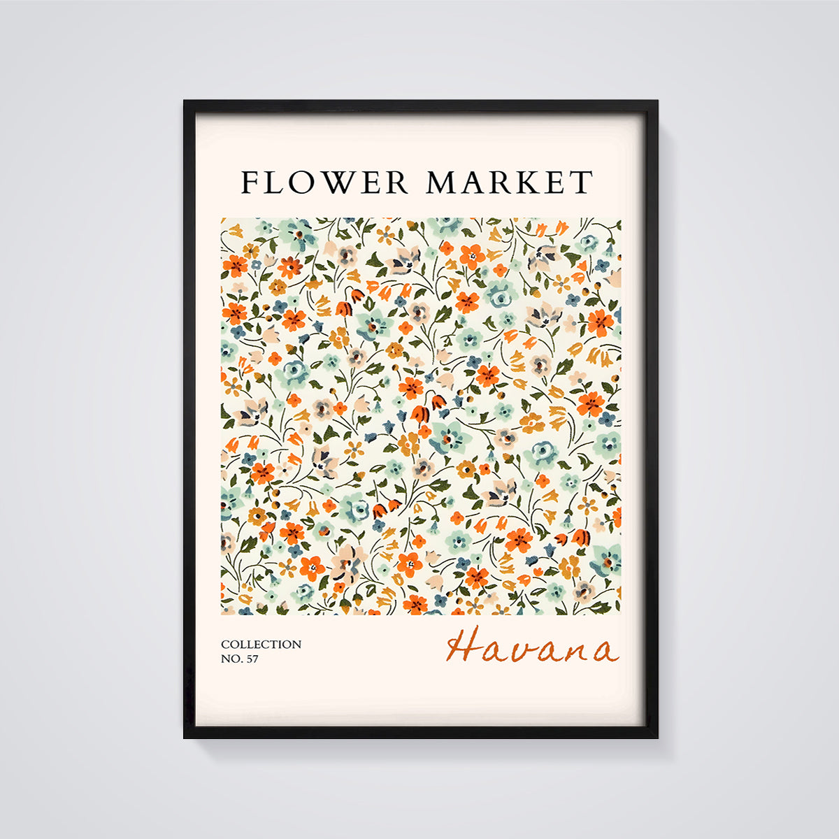Havanna Flower Market Floral Print framed in black on a grey background