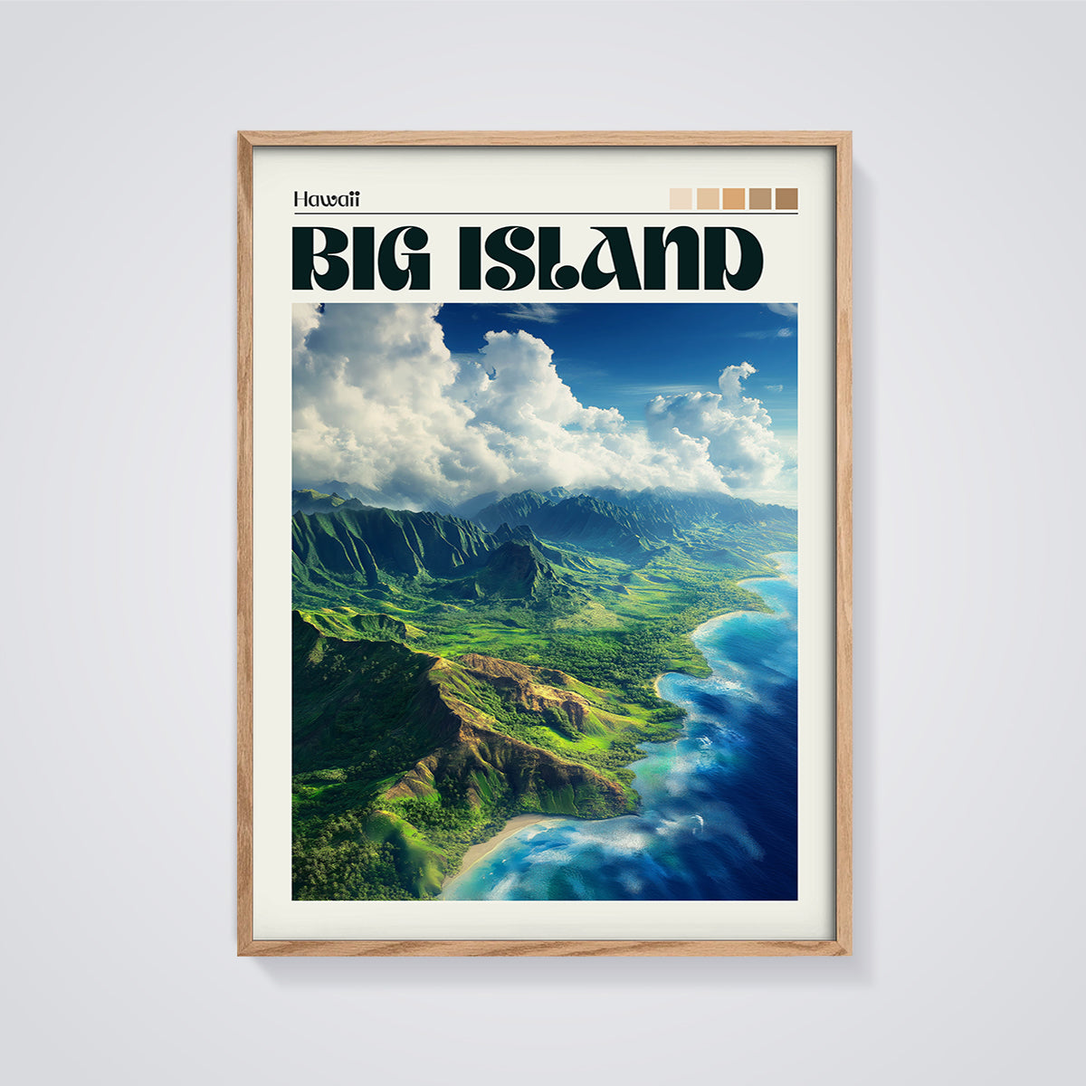 Hawaii Big Island Aerial Print framed in oak on a grey background