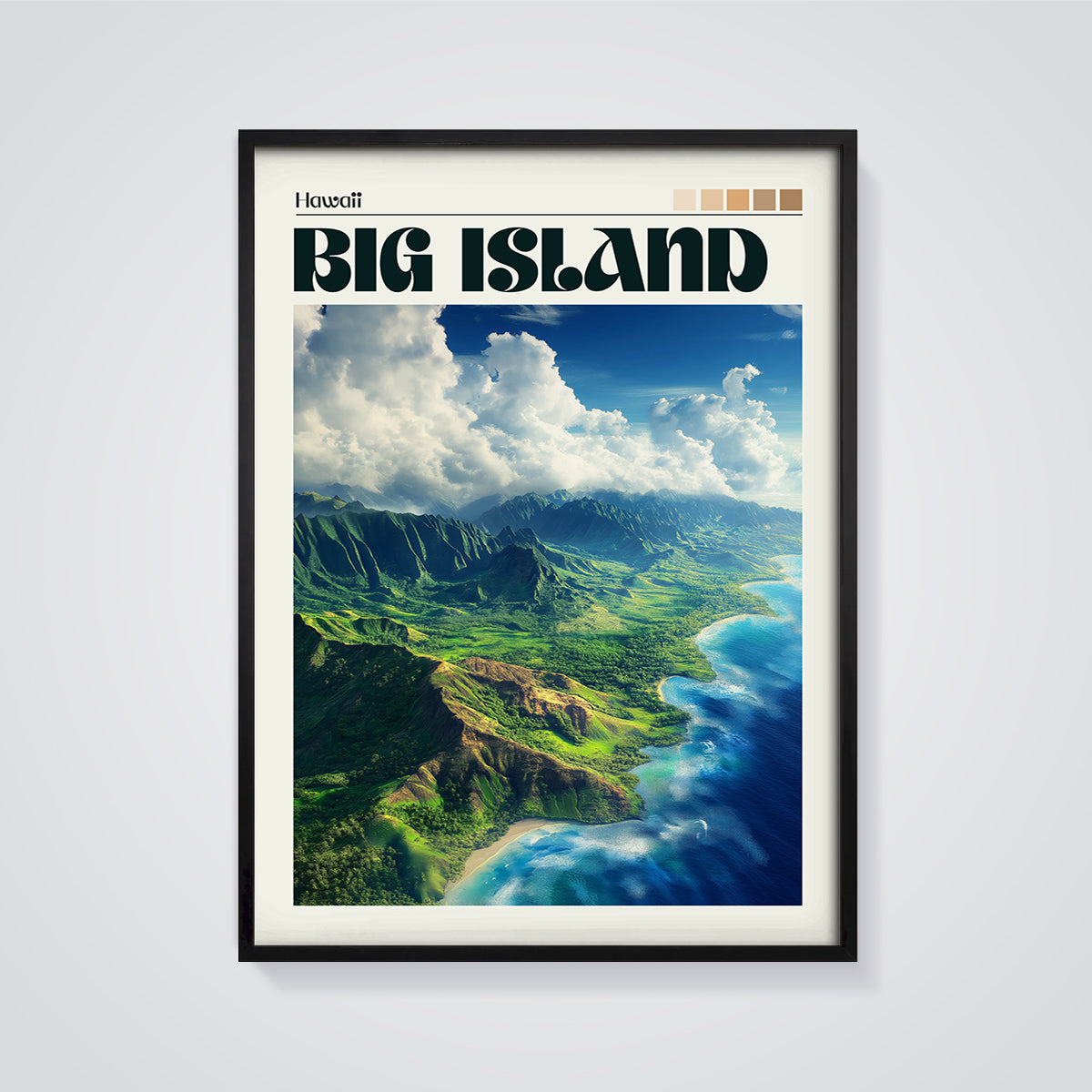 Hawaii Big Island Aerial Print framed in black on a grey background