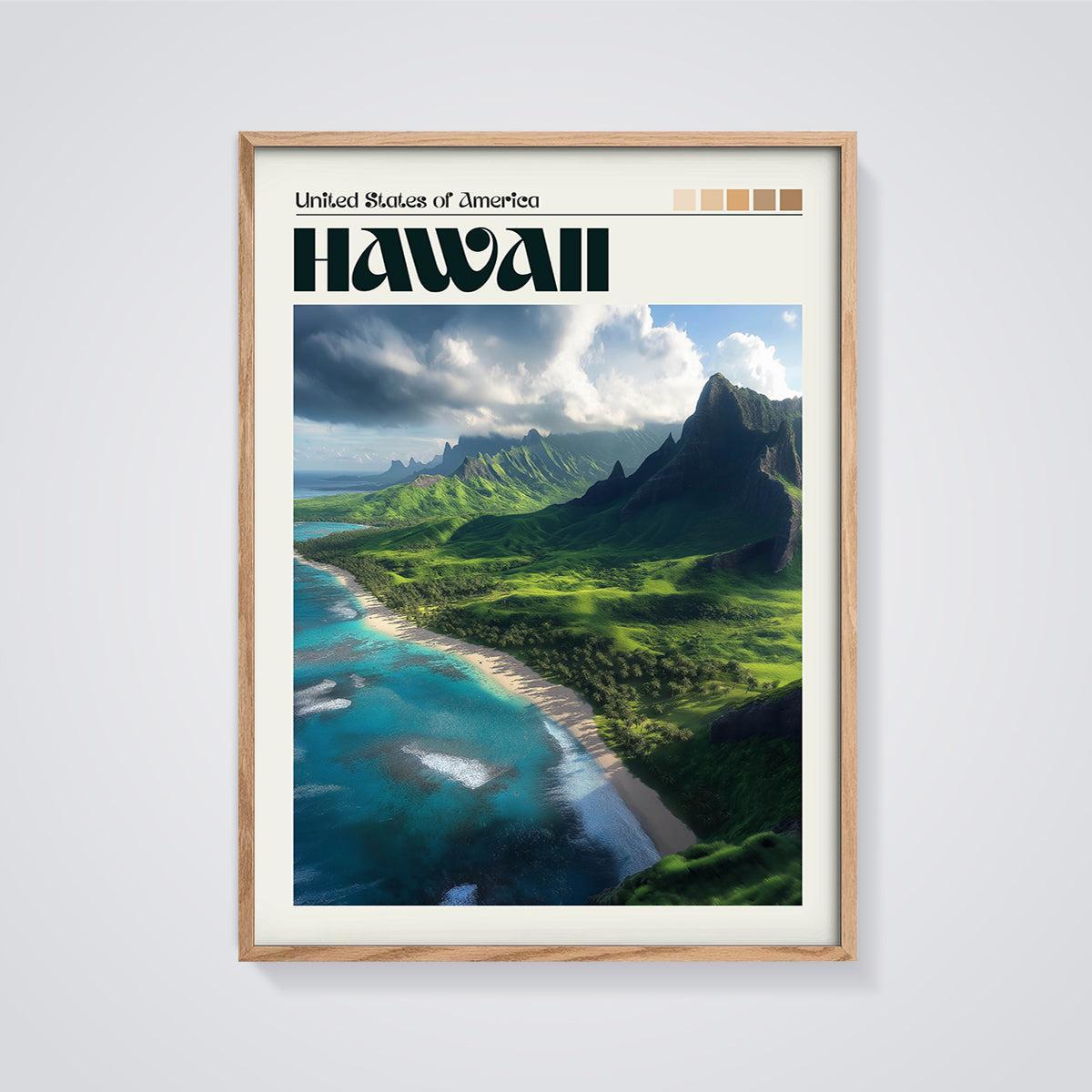 Hawaii Coastal Landscape Print framed in oak on a grey background