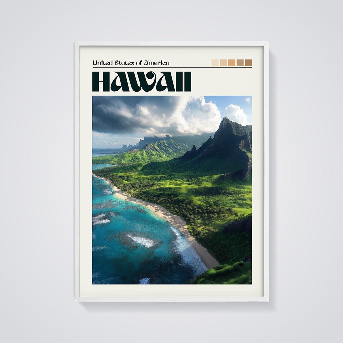 Hawaii Coastal Landscape Print framed in white on a grey background